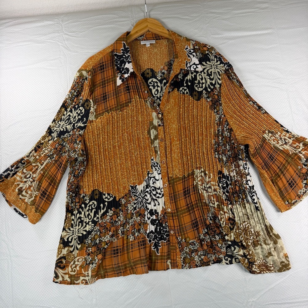 Vintage Fashion Bug Floral Patchwork Button Down Shirt Womens Orange Boho Y2K